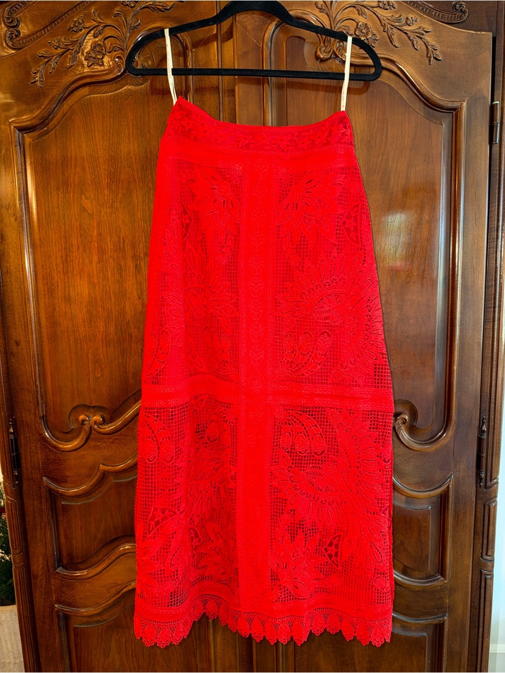 FARM Rio Toucan Red Guipure Crochet Midi Skirt - Picture 4 of 13